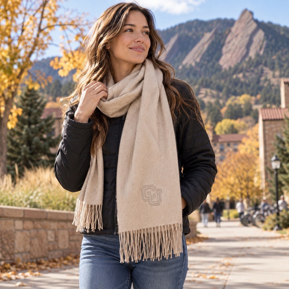 University of Colorado Buffaloes CU Scarf Tan Fringed Embroidered Logo